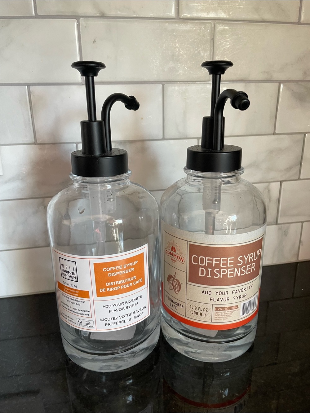 NWT Glass Coffee Syrup Dispenser Bottle with Matte Black Pump - Set of 2
